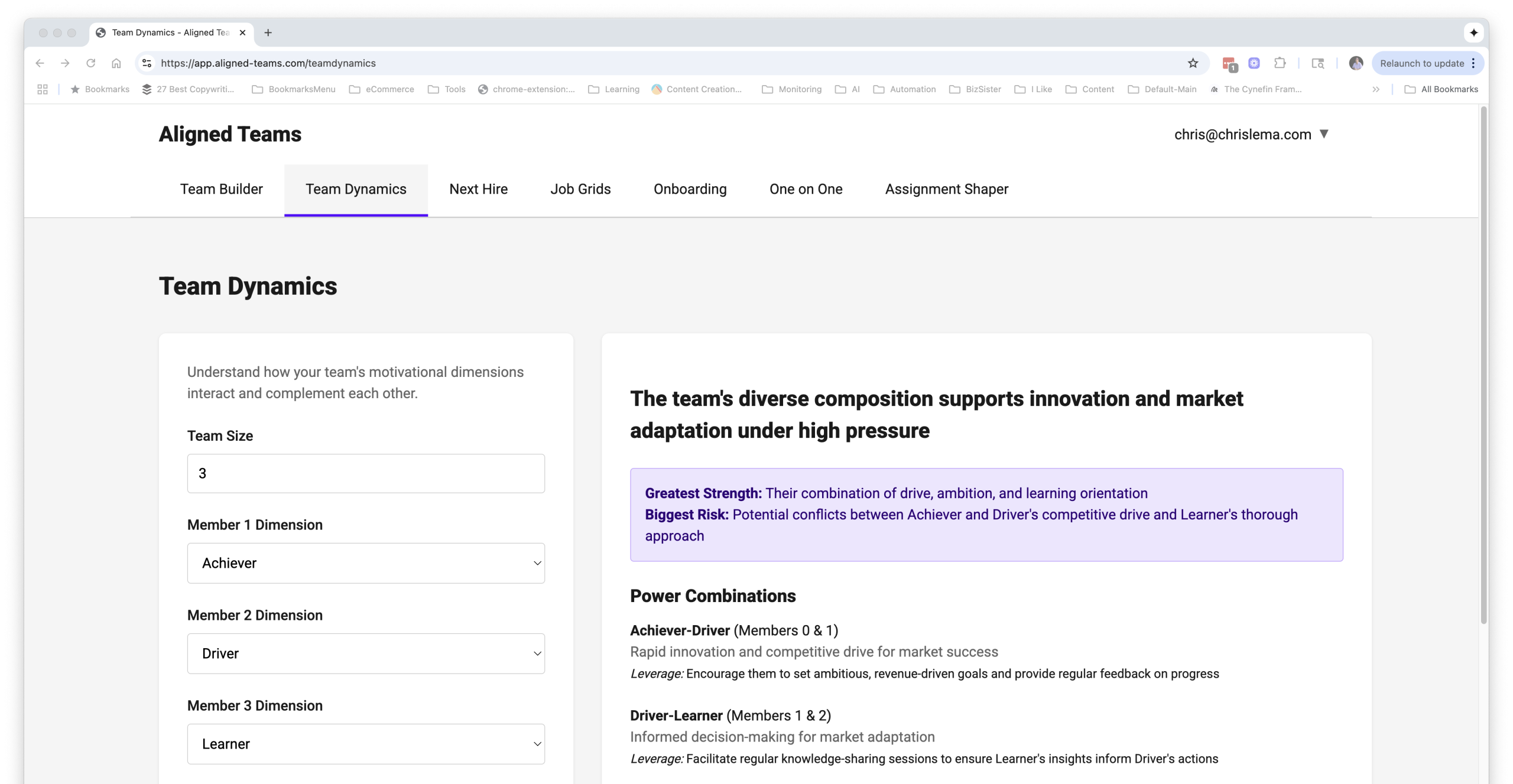 Screenshot of the Team Dynamics feature inside Aligned Teams